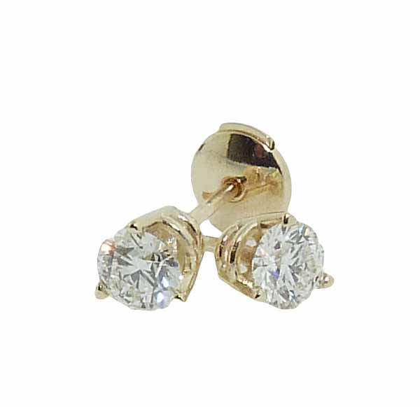 14K Yellow gold 3 prong stud earrings with locking backs set with 0.377 carat J SI1 and 0.357 carat J SI1 ideal cut round brilliant cut diamonds.
