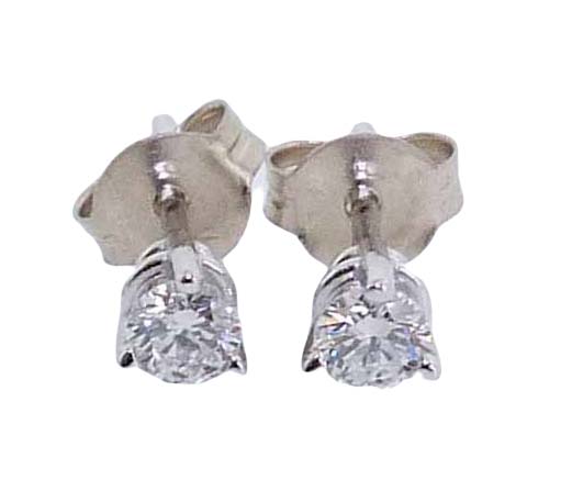 14K White 3 prong stud earrings set with 2 ideal cut Hearts On Fire diamonds: 0.248ct I, SI1 & 0.248ct I, SI1.