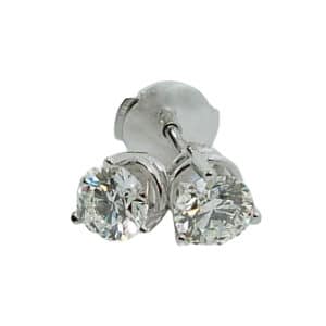 14K White gold 3 prong stud earrings with locking backs set with 0.373ct I, VS1 and 0.375ct I, VS1 ideal cut round brilliant cut diamonds by Hearts On Fire .