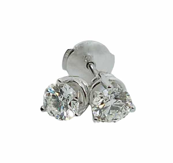 14K White gold 3 prong stud earrings with locking backs set with 0.373ct I, VS1 and 0.375ct I, VS1 ideal cut round brilliant cut diamonds by Hearts On Fire .