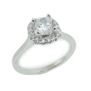 14 karat white halo engagement ring featuring 16 = 0.18cttw G/H, VS-SI, round brilliant cut diamonds.
