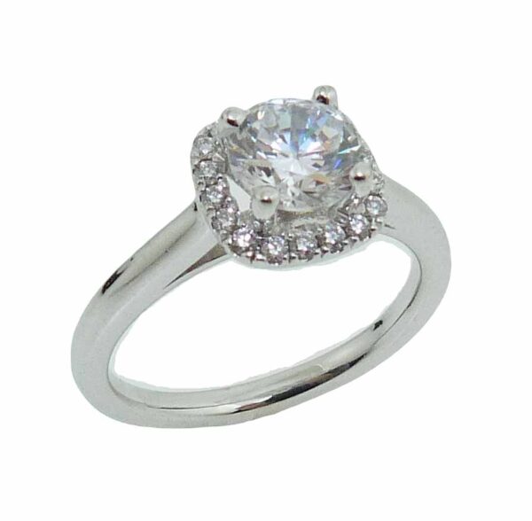 19K white gold halo style engagement ring set with a 1 carat CZ and 18 round brilliant cut diamonds, 0.17 total carat weight, G/H, SI1.