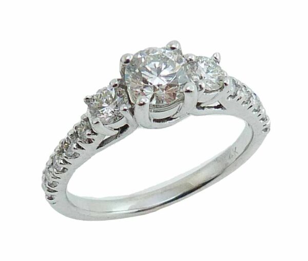 14K white gold engagement ring claw set with 0.57ct excellent cut, J, SI2, 2 = 0.245cttw, 10 = 0.23cttw round brilliant cut diamonds.