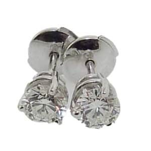 14K White gold 3 prong studs with locking backs set with 2 ideal cut diamonds, 0.838cttw, J/K, SI3.