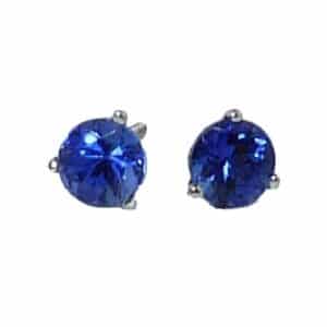 14K white gold 3 prong stud earrings with screw backs set with 2 Tanzanite, 0.91cttw.