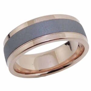 Men's ring made with brushed tantalum in the center and 14K polished rose gold sleeve and borders.