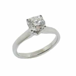 14K White gold solitaire engagement ring set with an ideal, round brilliant cut Hearts On Fire diamond, 0.853, H, VVS2. 