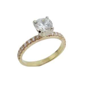 14K Yellow and white gold engagement ring claw set with a 0.75 carat round CZ and accented on the band with 16 round brilliant cut diamonds, 0.24cttw, G/H. Priced without a center gemstone. Let us find you the perfect center that fits your tastes and budget!
