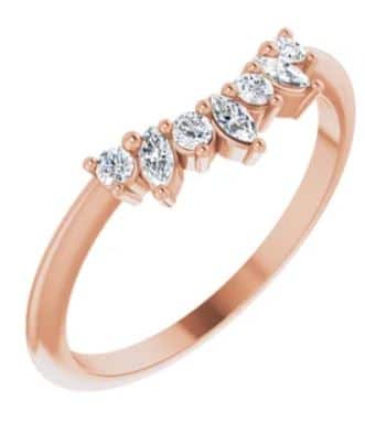 14K rose gold contoured band set with 0.16cttw of single prong set alternating size round brilliant cut diamonds.