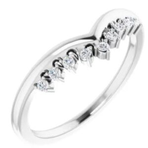 14K White gold contoured band set with 9 round brilliant cut diamonds, 0.08cttw, G/H, SI2-3. 