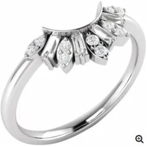 14K White gold diamond contoured band set with ten round brilliant cut diamonds and four baguettes diamonds, totaling 0.20 carats, G-H SI2-VS1.