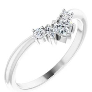 14K White gold diamond contour band set with three marquise shaped diamonds and two round brilliant cut diamonds totalling, 0.20 carats, G-H, SI1-2.
