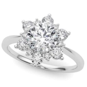 14 karat white gold floral style halo engagement ring featuring 0.255ctw excellent cut G/H, SI round brilliant cut diamonds.