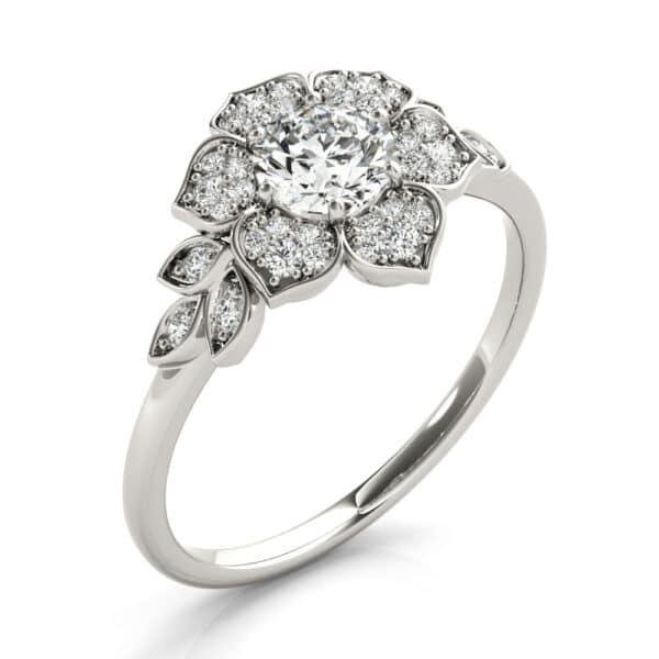 14 karat white gold floral style halo engagement ring featuring 0.228ctw excellent cut G/H, SI round brilliant cut diamonds. This unique design is a great alternative to a traditional halo ring. Priced without a center gemstone. Let us find you the perfect center that fits your tastes and budget!