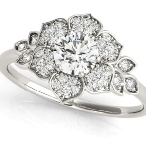 14 karat white gold floral style halo engagement ring featuring 0.228ctw excellent cut G/H, SI round brilliant cut diamonds.