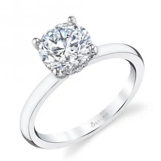 14K white gold solitaire Joanna engagement ring by Sylvie Collection featuring a hidden halo of 0.12ctw G/H, VS-SI round brilliant cut diamonds.