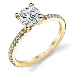 14K yellow gold Adorlee solitaire engagement ring by Sylvie Collection featuring 0.21ctw G/H, VS-SI round brilliant cut diamonds. This ring has a matching wedding band.