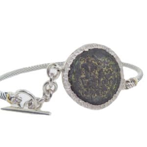 Silver bracelet bezel set with ancient bronze Egyptian coin showing head of Zeus and on reverse eagle standing Ptolemy VI 173-171BC (Philometor & Eulcaeus).
