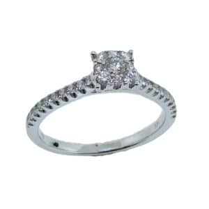 14K white gold bouquet style solitaire engagement ring featuring 0.35cttw round brilliant cut diamonds.