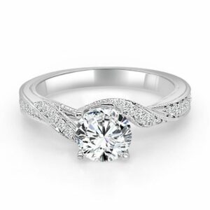 14K White gold Frederic Sage engagement ring set with 1.0ct CZ centre and accented on the twisted milgrain band with 46 pave set round brilliant cut diamonds, 0.31 total carat weight.  Priced without a center gemstone. Let us find you the perfect center that fits your tastes and budget!
