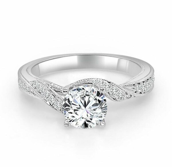 14K White gold Frederic Sage engagement ring set with 1.0ct CZ centre and accented on the twisted milgrain band with 46 pave set round brilliant cut diamonds, 0.31 total carat weight.  Priced without a center gemstone. Let us find you the perfect center that fits your tastes and budget!