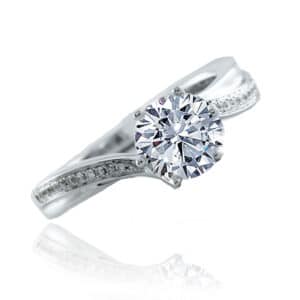 14K white gold six prong engagement ring, set with a 0.50ct CZ in the center and accented with 22 round brilliant cut diamonds totaling 0.08 carats. Priced without a center gemstone. Let us find you the perfect center that fits your tastes and budget!