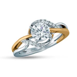 14K White and Rose gold Frederic Sage halo engagement ring set with 0.75ct CZ and accented on the halo with 12 claw set round brilliant cut diamonds, 0.10cttw. Priced without a center gemstone. Let us find you the perfect center that fits your tastes and budget!