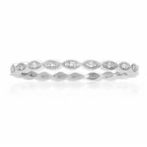 14K white gold band pave set with 11 = 0.03cttw G/H/I, VS-SI round brilliant cut diamonds.