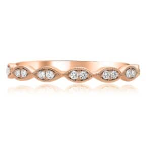 14K white gold band pave set with 11 = 0.03cttw G/H/I, VS-SI round brilliant cut diamonds.