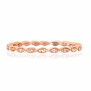 14K rose gold band pave set with 11 = 0.03cttw G/H/I, SI round brilliant cut diamonds.