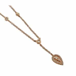 14K rose gold diamond necklace with 20 diamonds set into a drop pear shape halo and 3 bezel set diamonds, total carat weight, 0.15, GHI, S1.