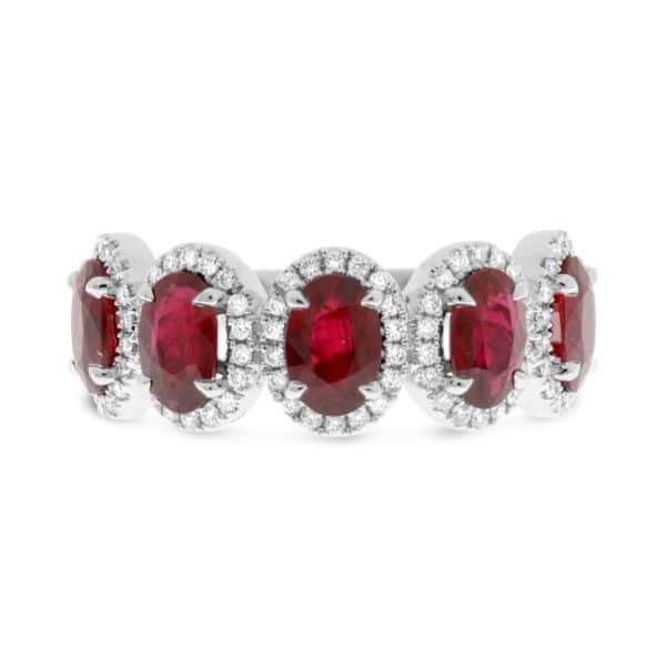 14K white gold ring set with five rubies totaling 0.1.41 carats and 80 = 0.27cttw round brilliant cut diamonds.