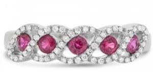 14K white gold ring set with five rubies totaling 0.40 carats and 60 = 0.19cttw round brilliant cut diamonds. 
