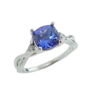 14k white gold ring set with a stunning 1.52ct Tanzanite and accented with 2 = 0.044cttw round brilliant cut diamonds.