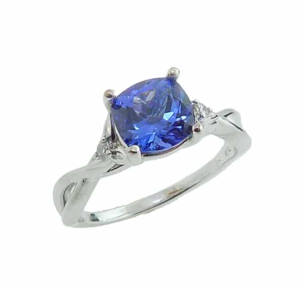14k white gold ring set with a stunning 1.52ct Tanzanite and accented with 2 = 0.044cttw round brilliant cut diamonds.