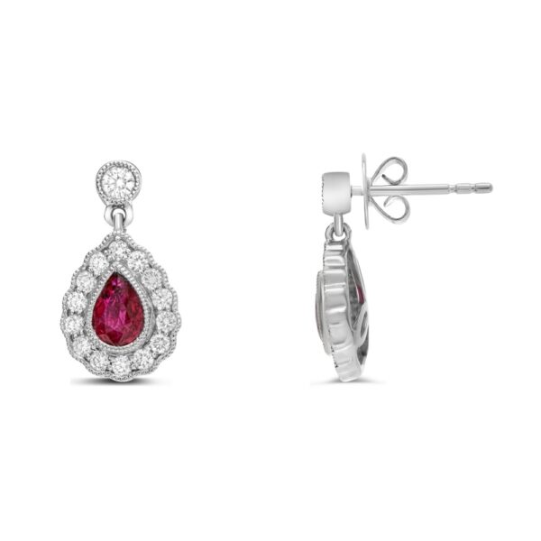 14K white gold drop earrings set with 2 = 0.78cttw pear cut rubies accented with 30 = 0.46cttw round brilliant cut diamonds.