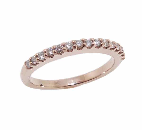 14K Rose gold diamond lady's band set with set with 15 round brilliant cut diamonds, 0.225cttw, H/I, SI2-I1.