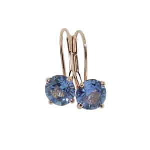 14K rose gold lever back earrings set with 2 round blue sapphires, 1.168cttw. 