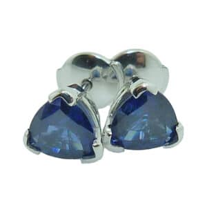 14K white gold blue sapphire earrings, set with two trillion blue sapphires totaling 2.02ct and with locking backs.