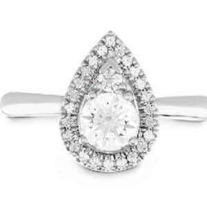 18 K white gold engagement ring known as "Destiny Teardrop Halo" by Hearts On Fire (Discontinued style) set with 0.302 ct I, VS2 ideal, round brilliant cut diamond by Hearts On Fire and with 0.118 cttw ideal, round brilliant cut diamond by Hearts On Fire, I/J, VS-SI.