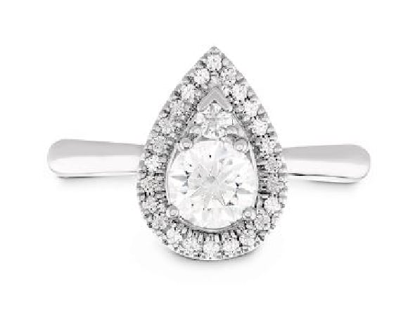 18 K white gold engagement ring known as "Destiny Teardrop Halo" by Hearts On Fire (Discontinued style) set with 0.302 ct I, VS2 ideal, round brilliant cut diamond by Hearts On Fire and with 0.118 cttw ideal, round brilliant cut diamond by Hearts On Fire, I/J, VS-SI.