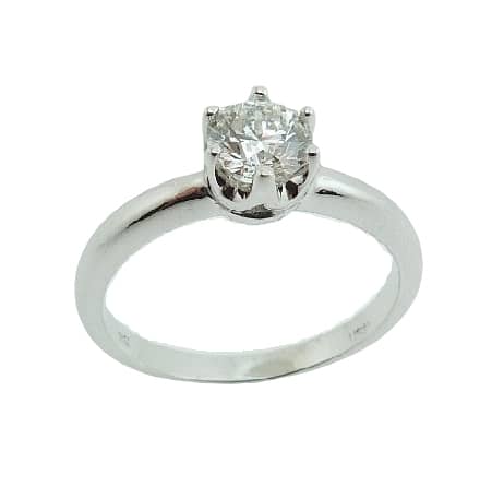 14K White gold 6 prong engagement ring set with an ideal round brilliant cut Hearts On Fire diamonds, 0.568ct, G, SI1.