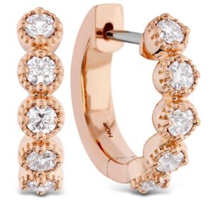 18K Rose gold Hearts On Fire Diamond Bar Huggie hoops claw set with 0.37cttw ideal cut Hearts On Fire round brilliant cut diamonds, G/H, VS-SI.
