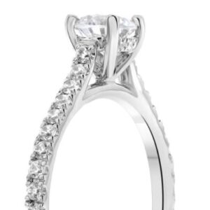 Lady's 14K white gold ring set with 0.50ct CZ in the center and accented with 26 G-H, SI1-2, round brilliant cut diamonds totaling 0.28 carats.