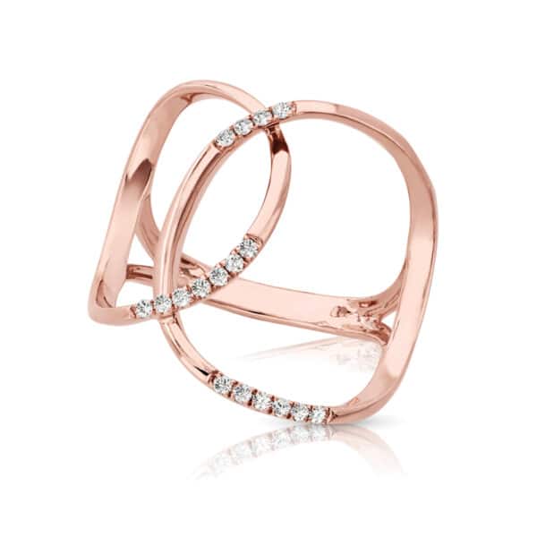14K Rose gold Lady's open design dinner ring claw set with round brilliant cut diamonds, 0.1275cttw.