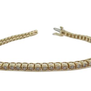 14k yellow gold tennis bracelet semi-bezel set with 2.00cttw, very good cut, G/H, SI2-I1, round brilliant cut diamonds.
