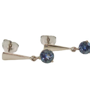 14K white gold drop earrings set with 2 round blue/green sapphires, 1.27cttw.