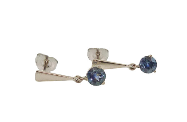 14K white gold drop earrings set with 2 round blue/green sapphires, 1.27cttw.