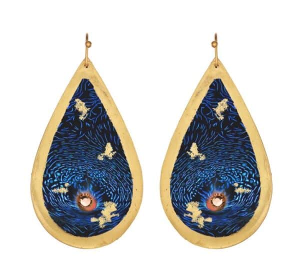 Blue clam large teardrop earrings with 22K gold leaf accents by Evocateur.