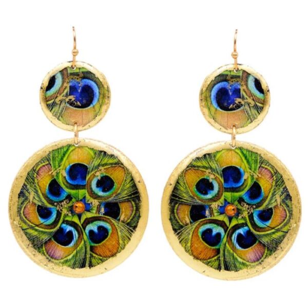 Evocateur Feathered Peacock double disc earrings.